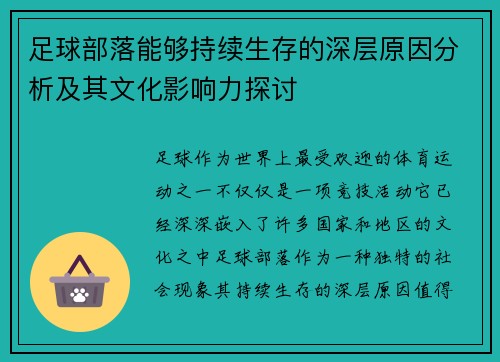 足球部落能够持续生存的深层原因分析及其文化影响力探讨