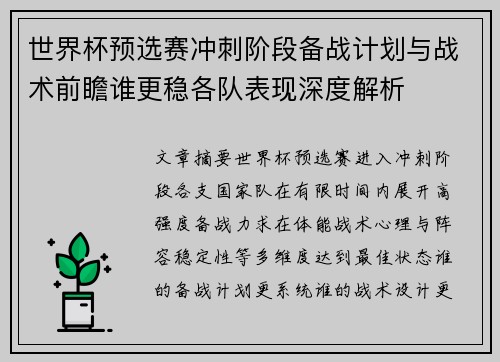 世界杯预选赛冲刺阶段备战计划与战术前瞻谁更稳各队表现深度解析